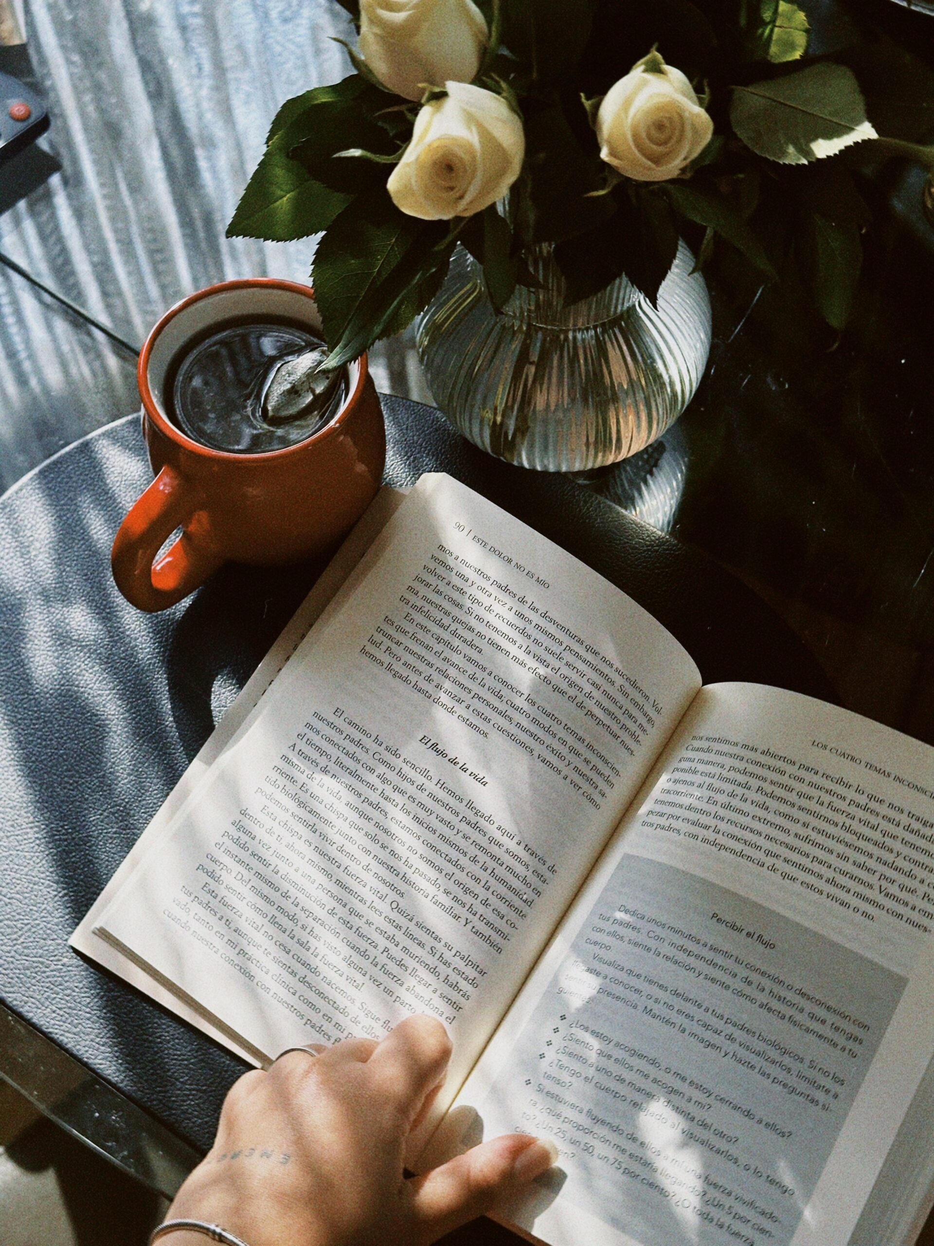 Foto de você (ou um jovem) lendo um livro com uma xícara de café ao lado